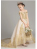 Off Shoulder Gold Lace Flower Girl Dress Birthday Girl Dress